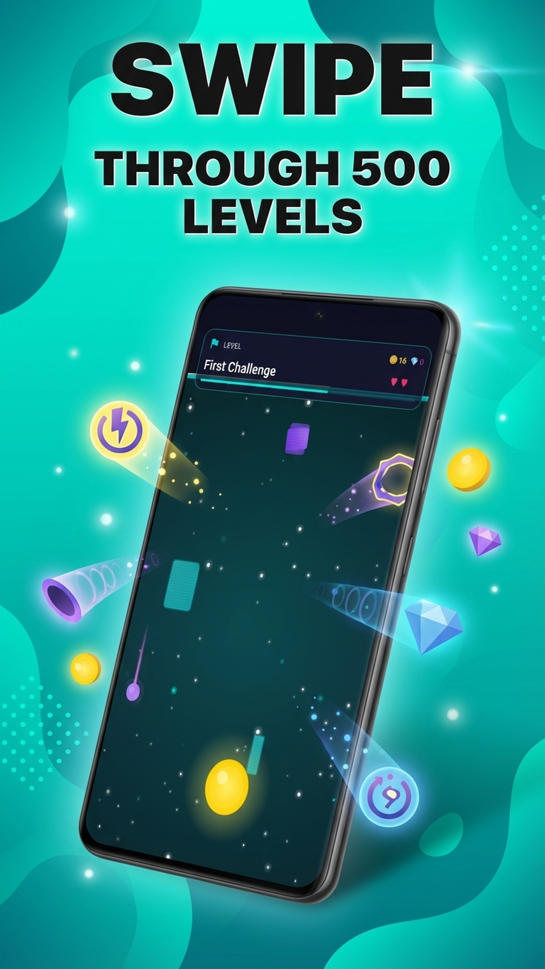 Tunnel gameplay with obstacles, coins and power-ups