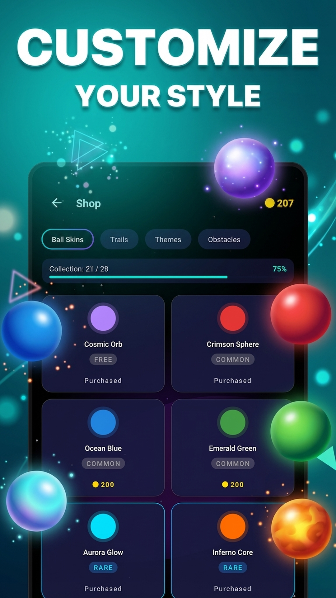 Cosmetic shop with ball skins, trails and themes