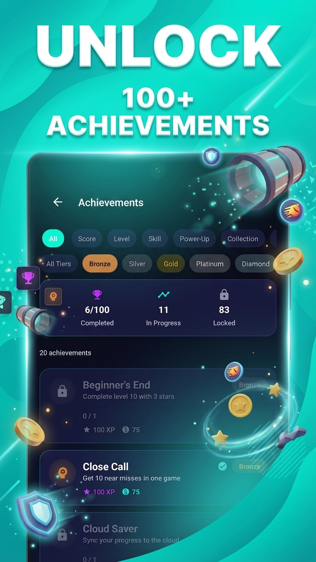 Achievements screen with 100+ achievements across tiers