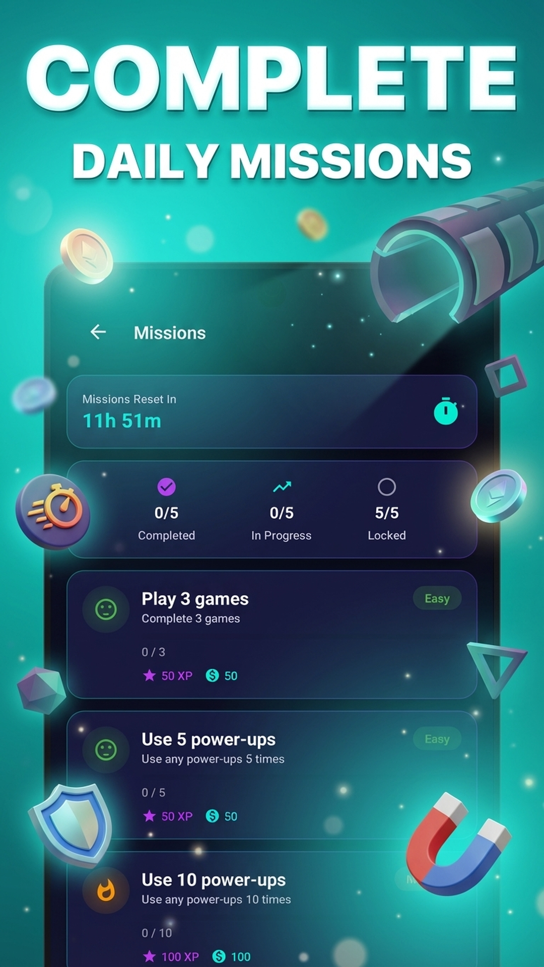 Daily missions with XP and coin rewards