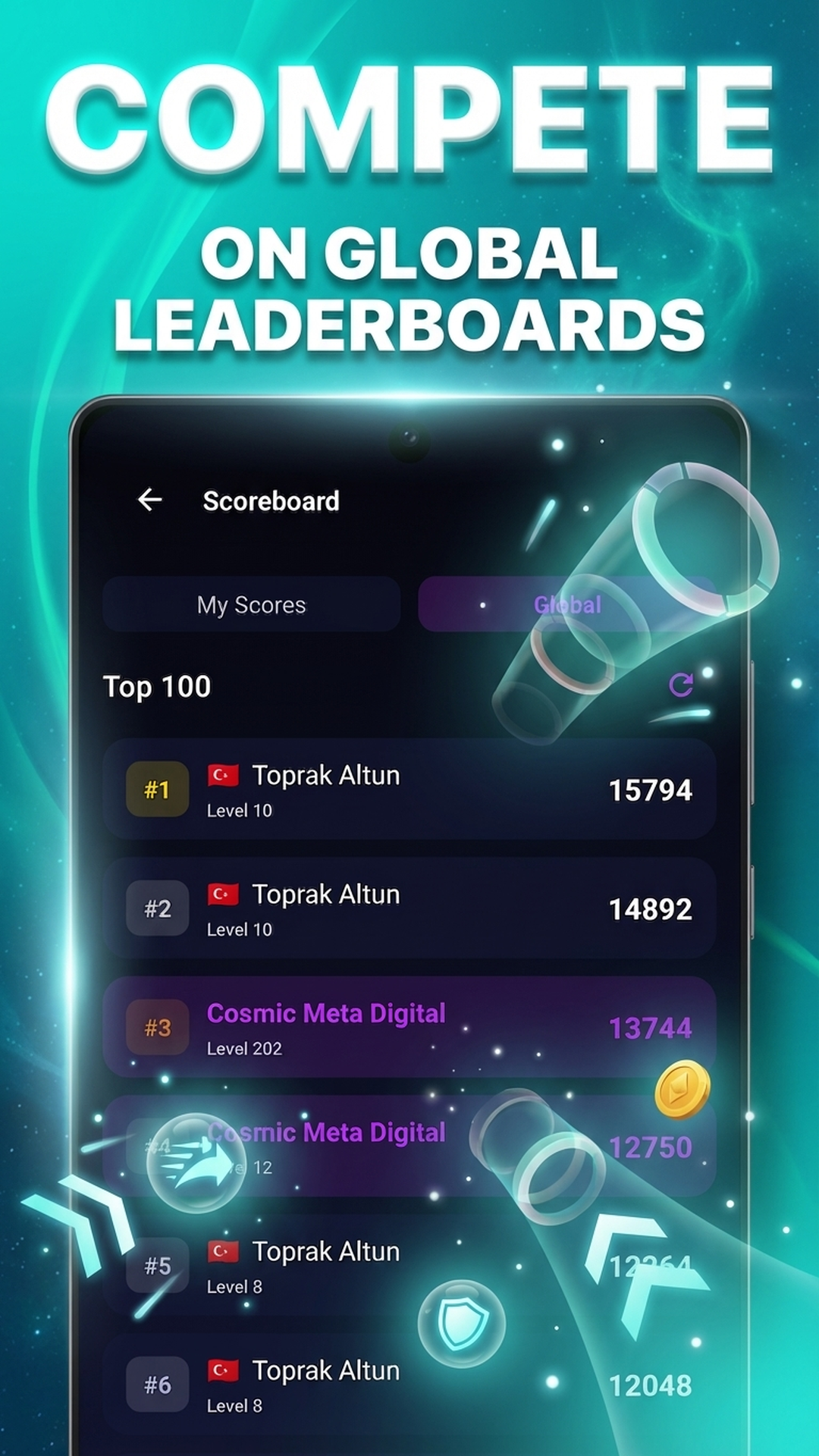 Global leaderboard with top 100 players