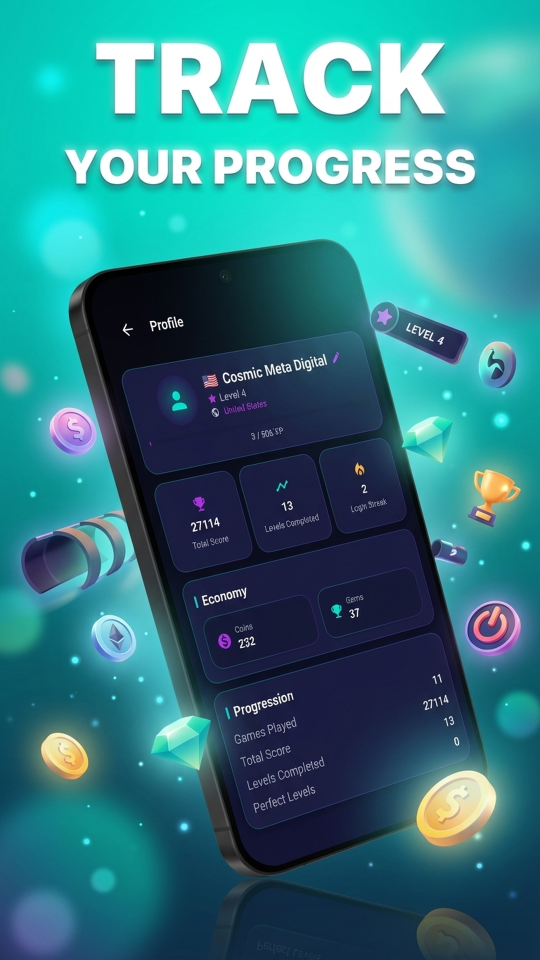 Player profile with stats and progression tracking