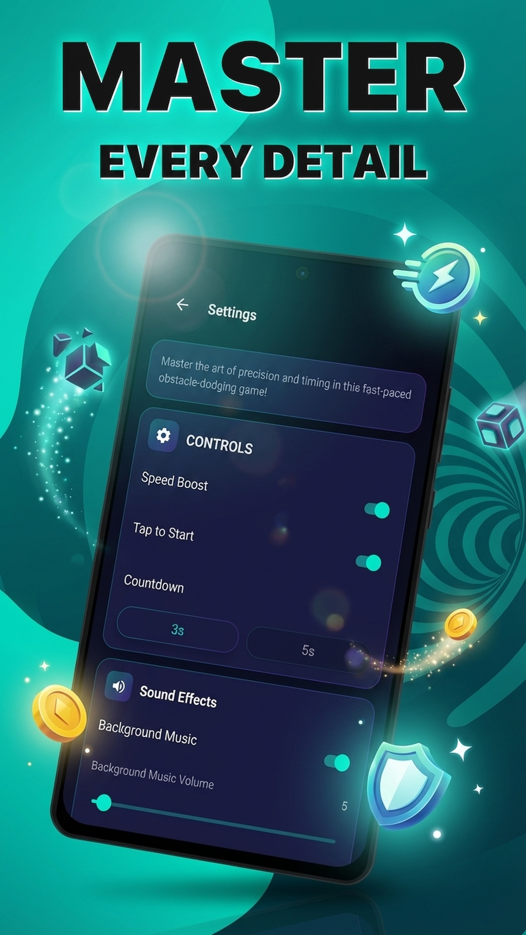 Settings screen with controls and sound options